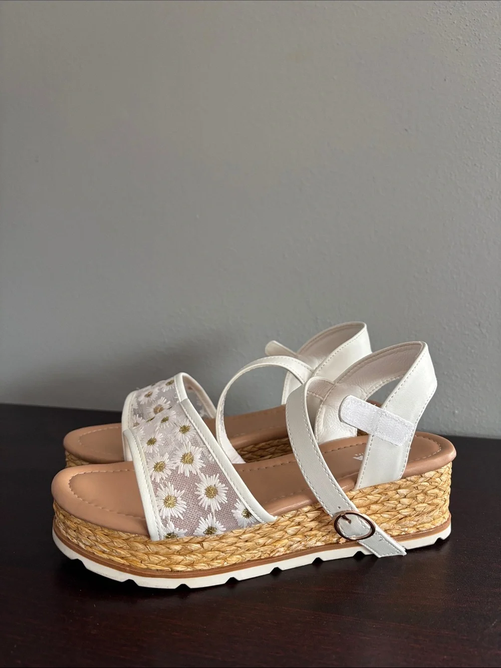 Girls White Daisy Espadrille Wedge Sandals with Ankle Strap